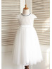 Ivory Lace Tulle Beaded Neckline Knee Length Flower Girl Dress 